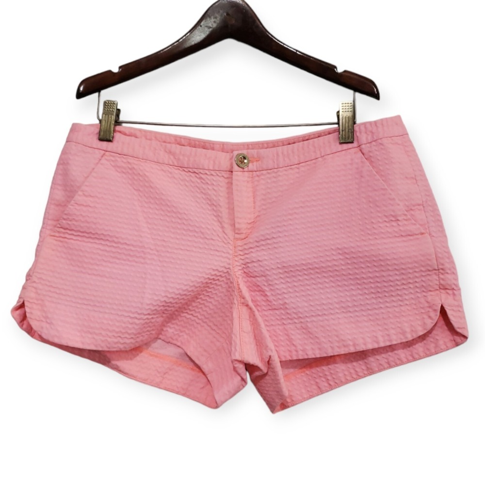 Lilly Pulitzer Lillys Neon Pink Coral Rigid / Wavy Adie Shorts Gold Button Sz 4